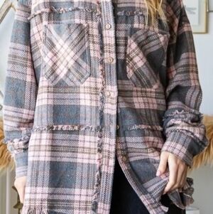 OLI & HALI Plaid Flannel Longline Top, Pink/Gray, NWOT, S (Runs BIG), Cute/Comfy